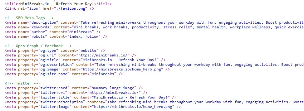 Screenshot showing SEO metadata setup in a website