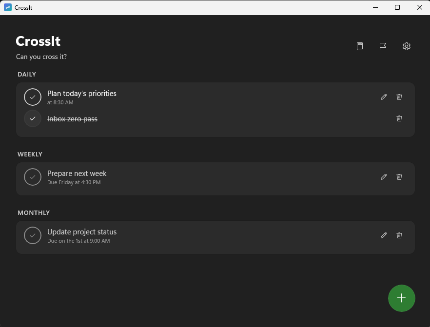 CrossIt interface in dark mode