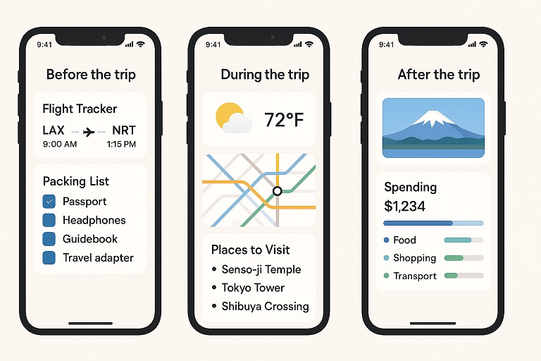 Interface showing how an app adapts during different phases of a Tokyo trip