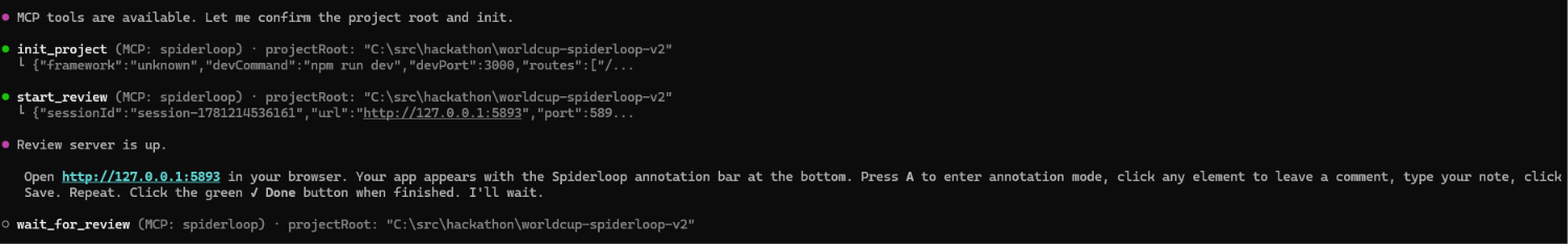 Spiderloop command-line output showing a project ready for human review
